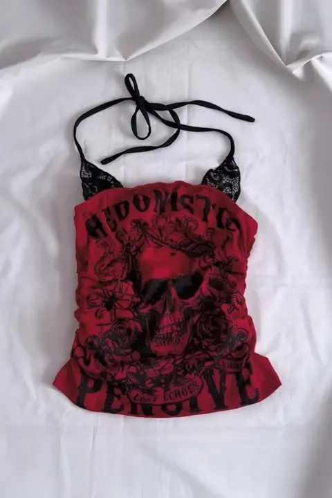 Kırmızı Hedonistic Skull Dantel Detaylı Y2K Askılı Crop