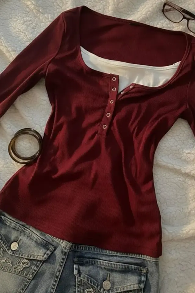 Bordo Henley Yaka Ekli Grunge Y2K Uzun Kollu Crop