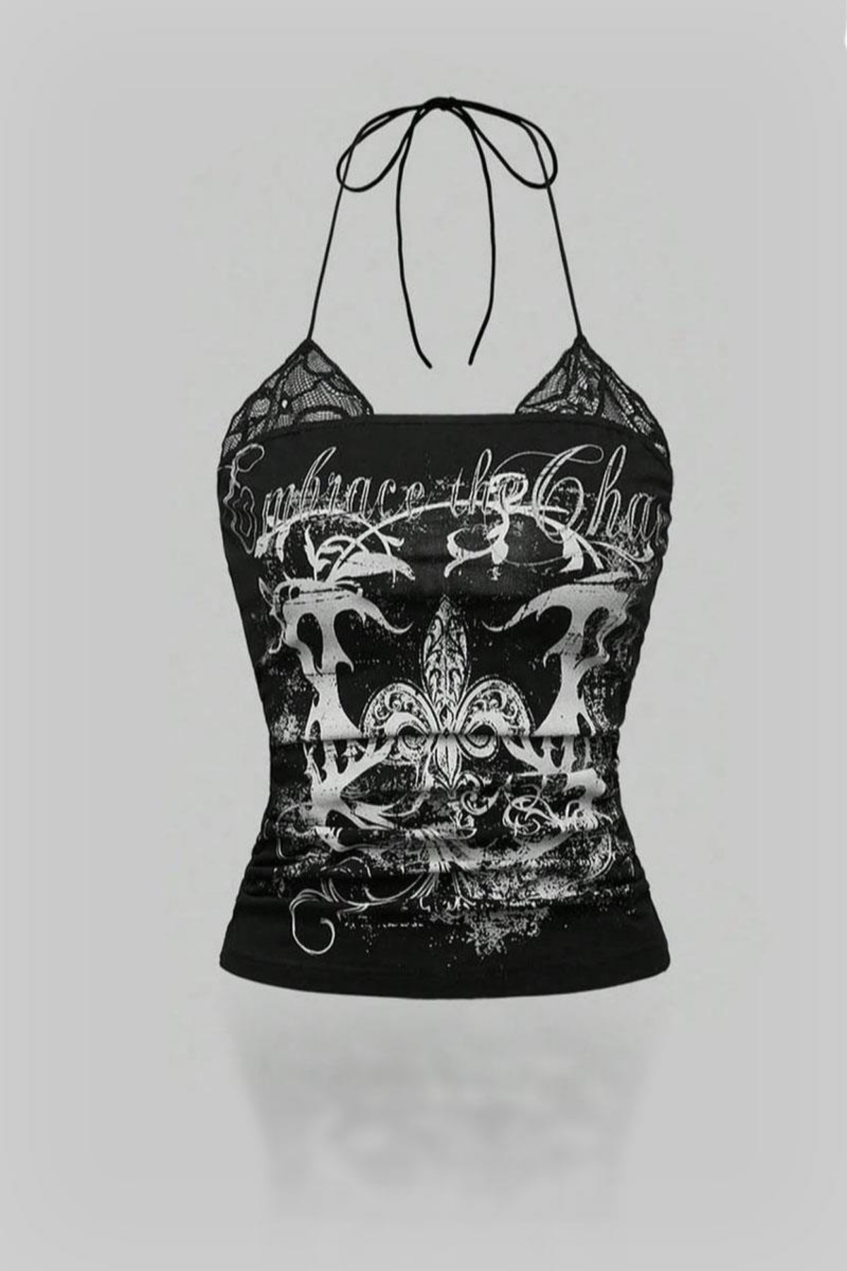 Dantelli Siyah Embrace The Chaos Gotik Y2K Boyundan Bağlamalı Crop