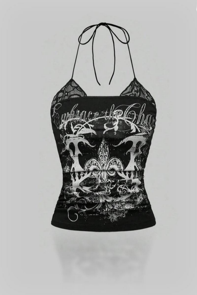 Dantelli Siyah Embrace The Chaos Gotik Y2K Boyundan Bağlamalı Crop