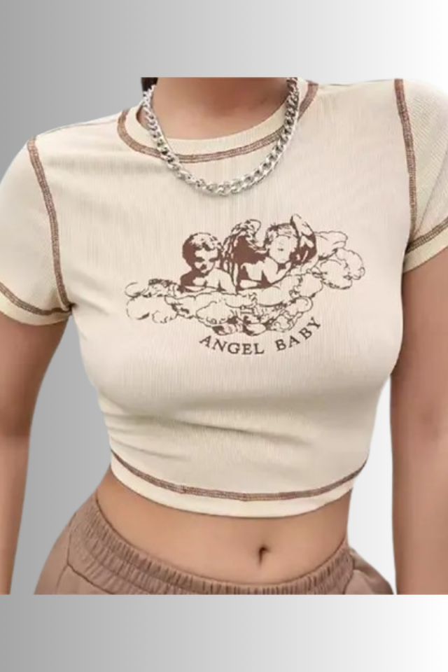 Bej Harajuku Fashion Angel Baby Y2K Kısa Kollu Crop