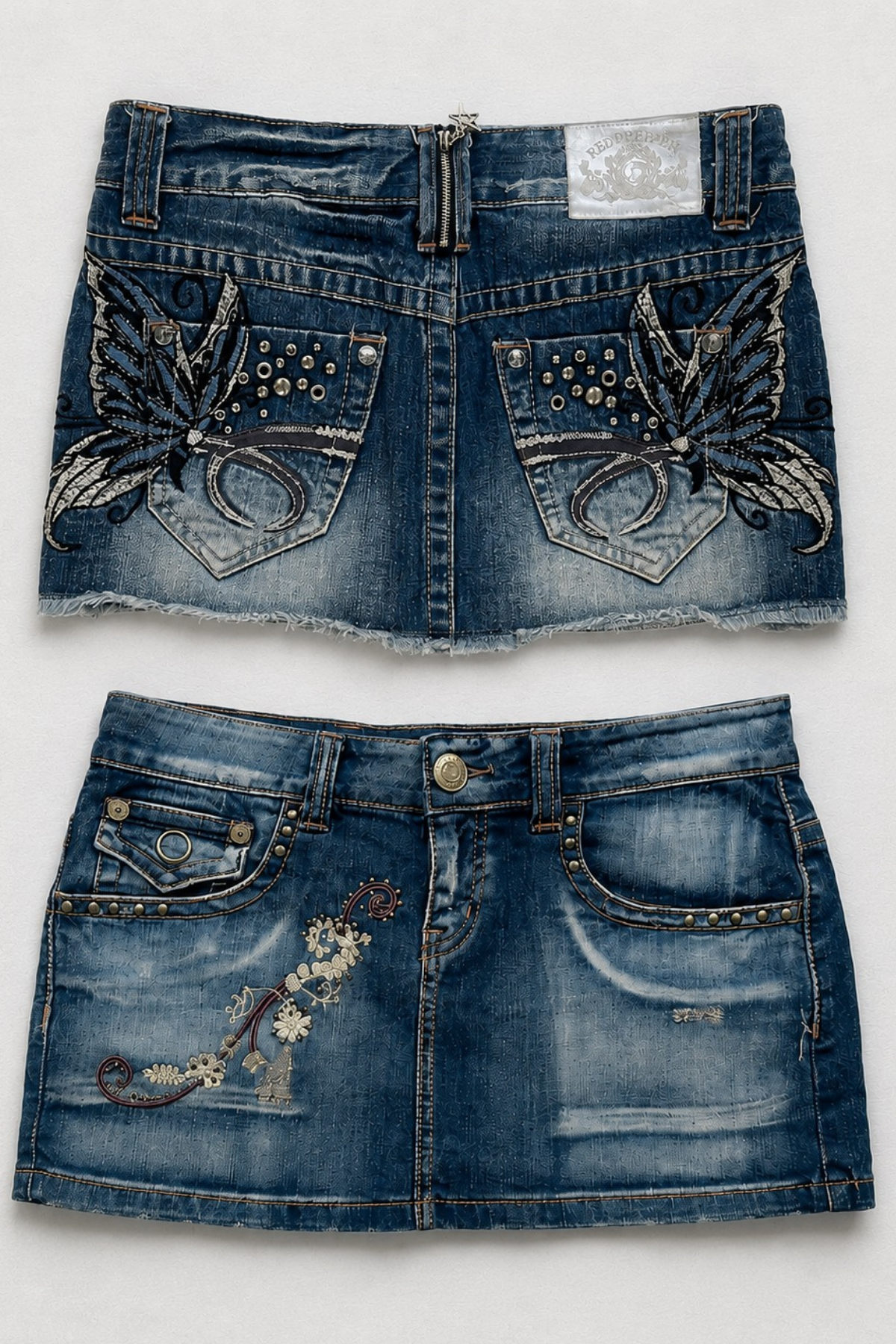 Vintage Butterfly 2000S Düşük Bel Denim Etek