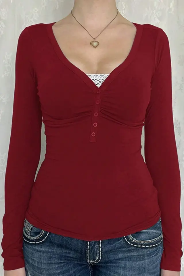 Bordo Dantelli Düğmeli Y2K Uzun Kollu Crop