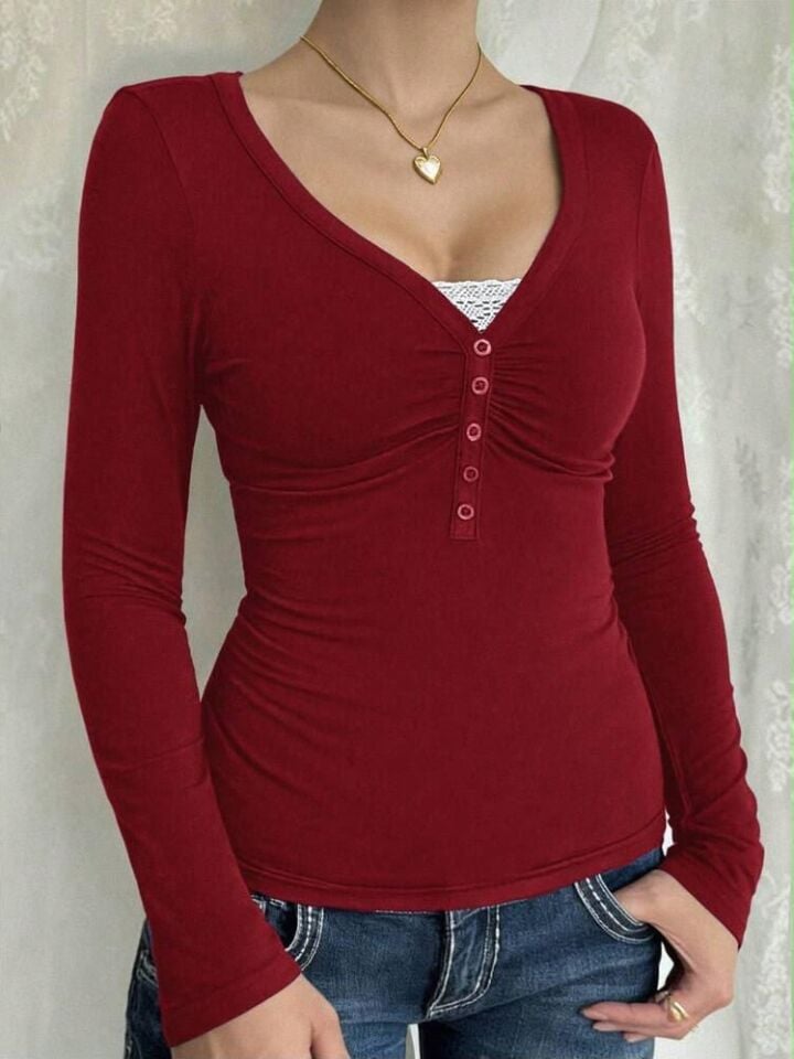 Bordo Dantelli Düğmeli Y2K Uzun Kollu Crop