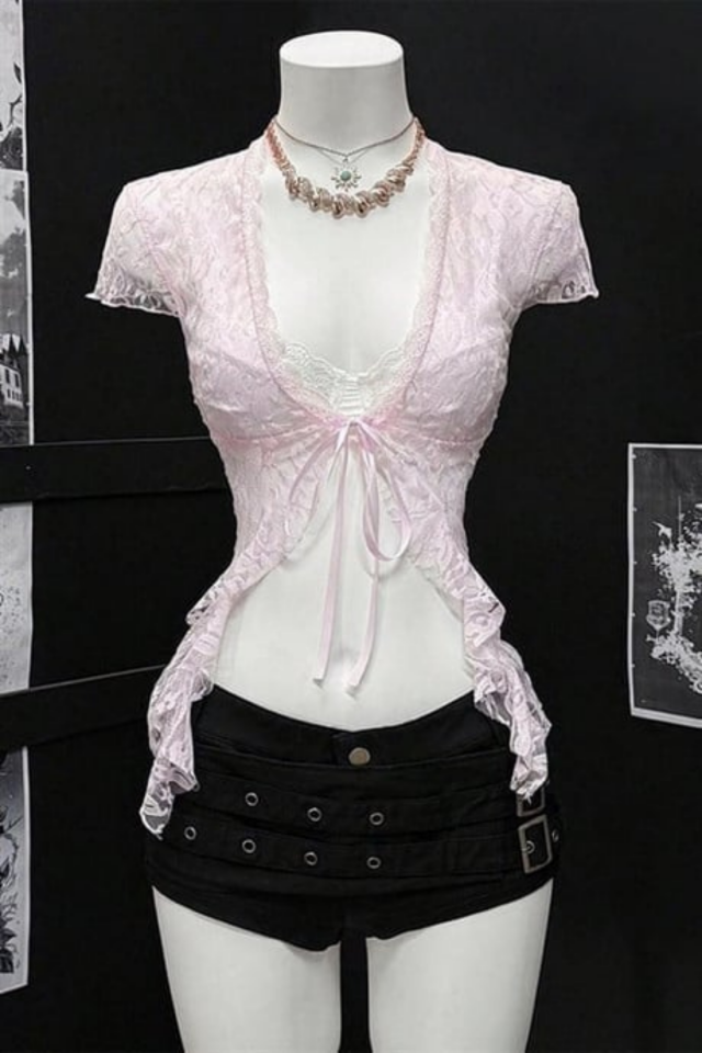 Pembe Dantelli Bağlamalı Bolero Y2K Kısa Kollu Crop