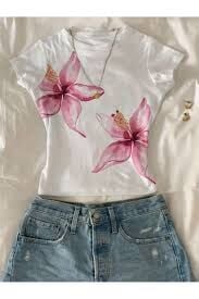 KADIN BASKILI KISA KOLLU CROP TSHIRT