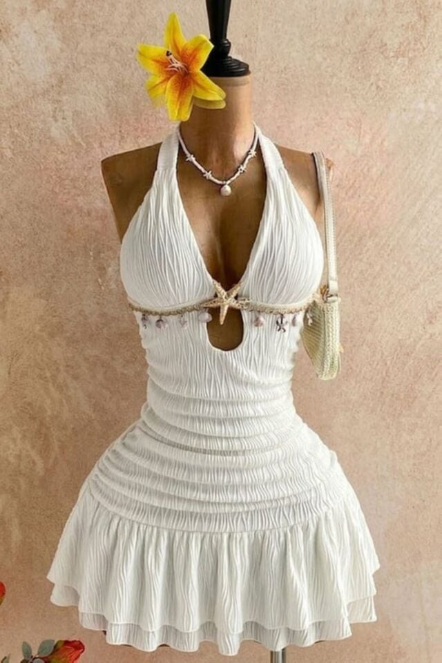 Beyaz Yıldızı Detaylı Mermaidcore Büzgülü Elbise