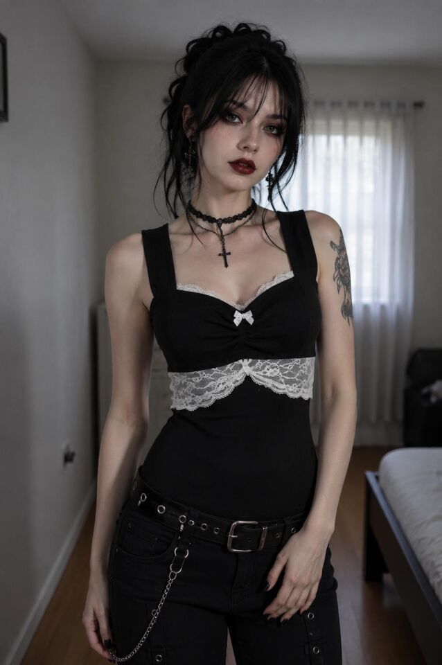 Gothic Dantel Detaylı Tam Boy Kalın Askılı Bluz