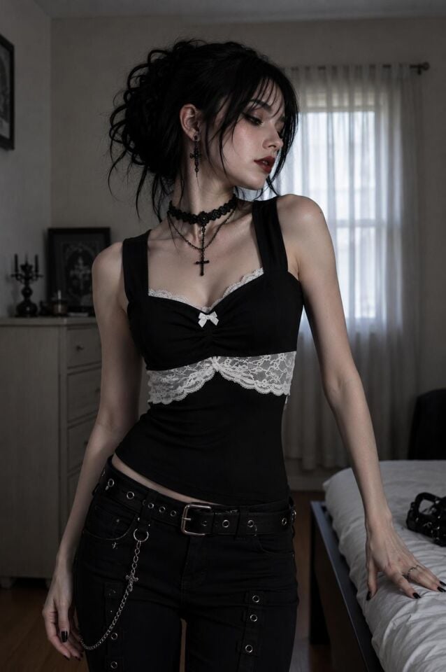 Gothic Dantel Detaylı Tam Boy Kalın Askılı Bluz