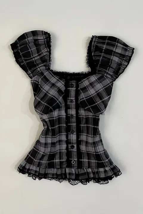 Siyah Antrasit Ekoseli Vintage Dantelli Kare Yaka Y2K Kısa Kollu Crop