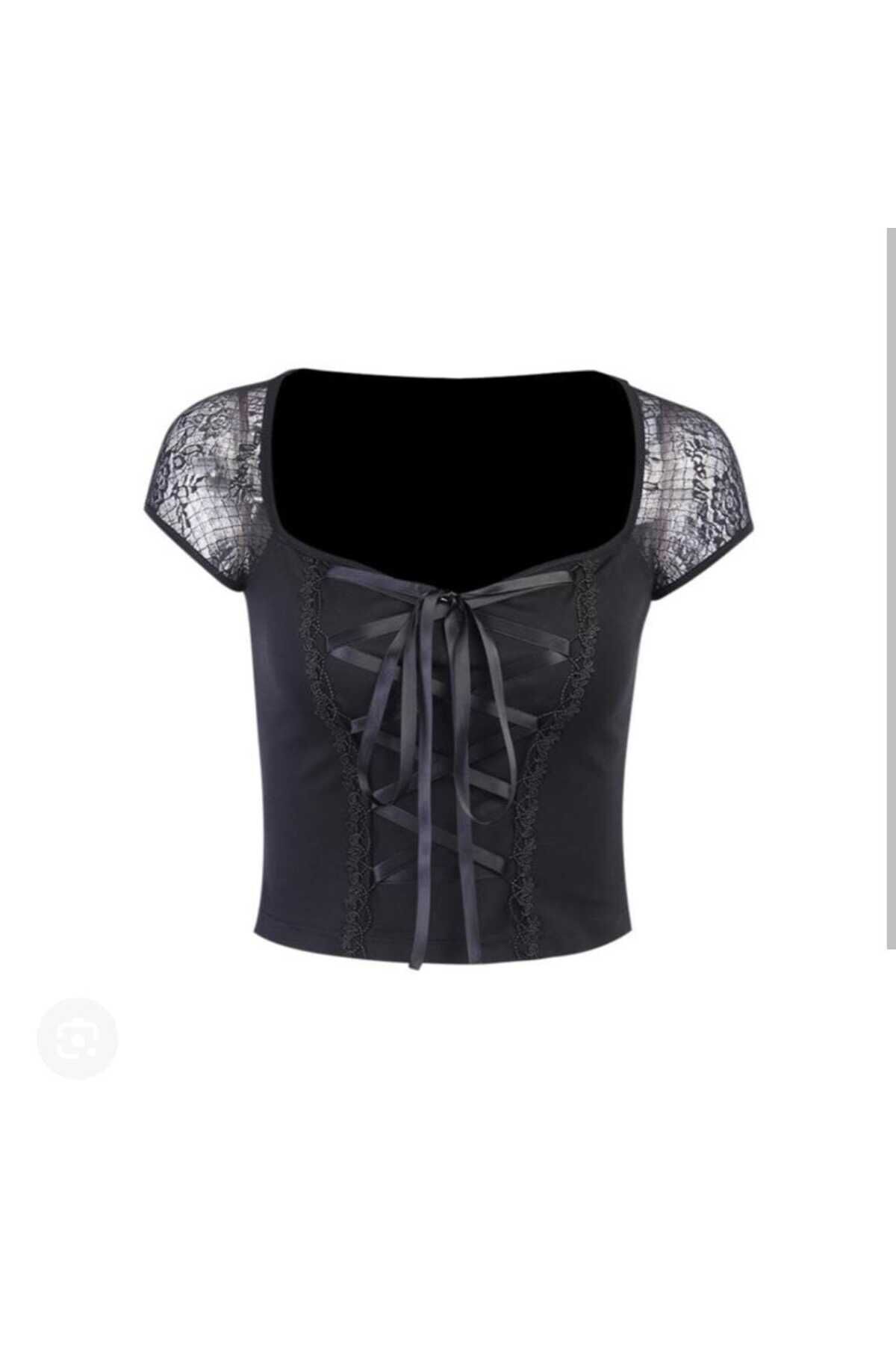 Dantelli Bağcıklı Harajuku Fashion Dantel Kısa Kollu Bluz Siyah - L