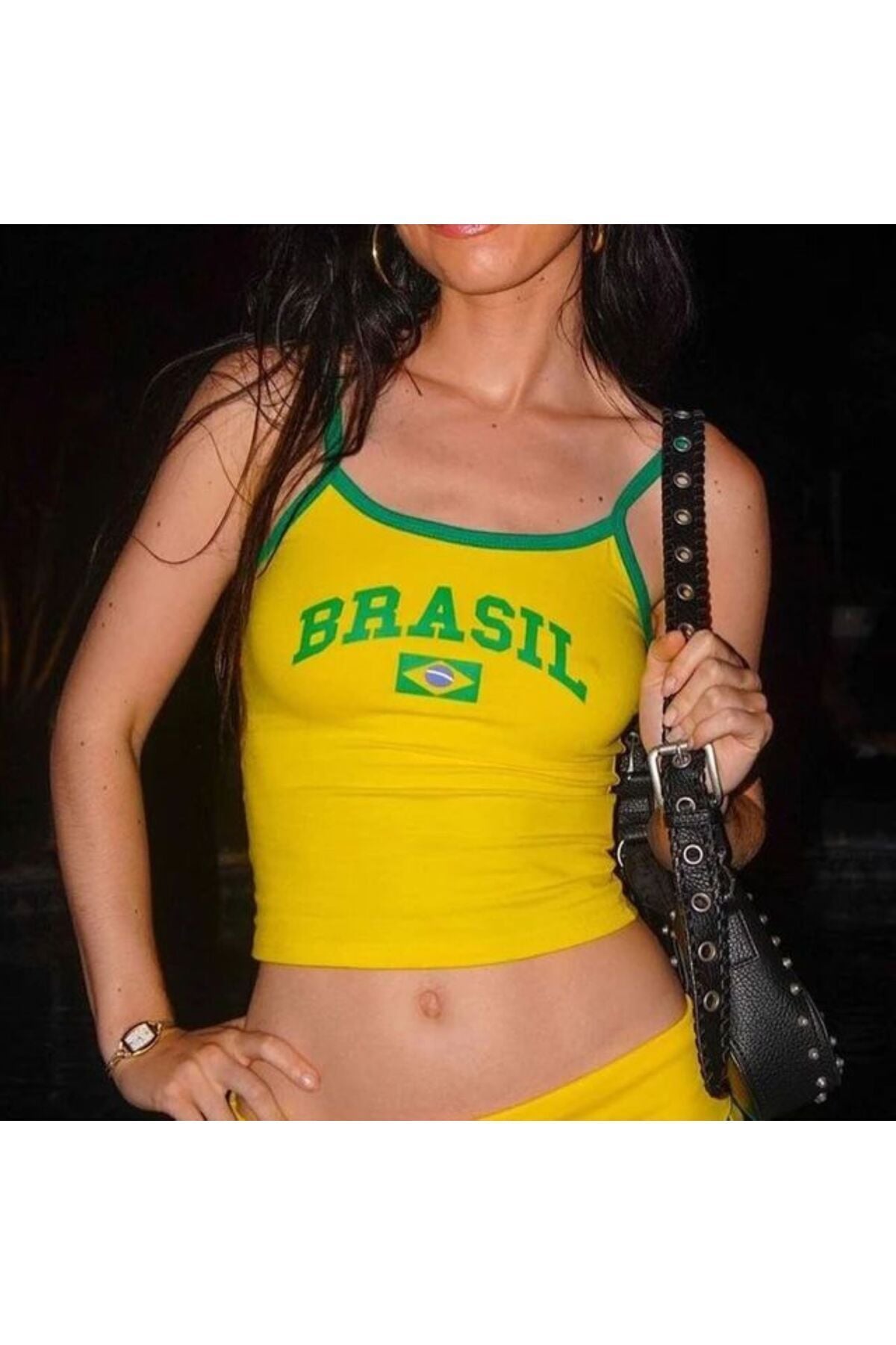 Brasil Yeşil Askılı Sarı Pinterest Crop Sarı - L