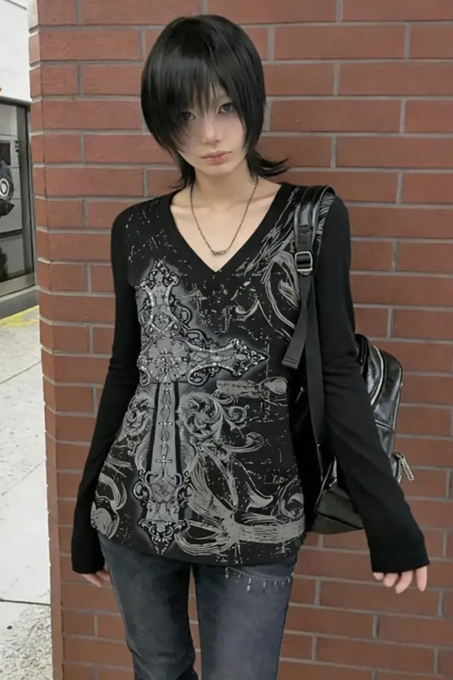 Siyah Skull Motifli Gotik Grunge Y2K Uzun Kollu Bluz
