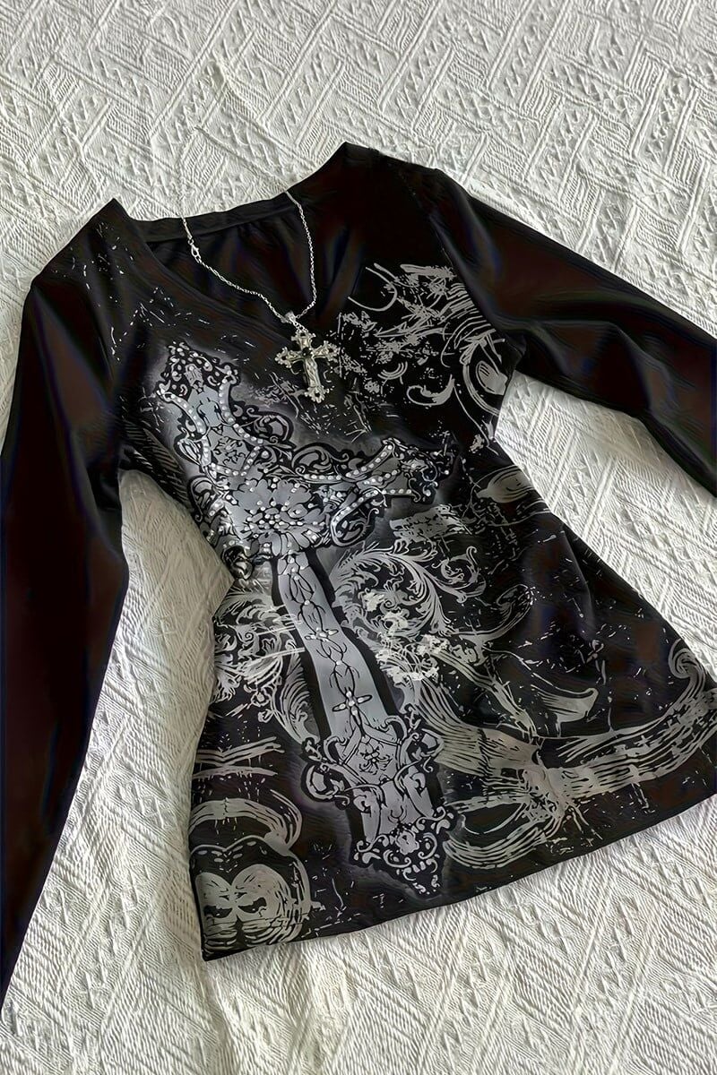 Siyah Skull Motifli Gotik Grunge Y2K Uzun Kollu Bluz