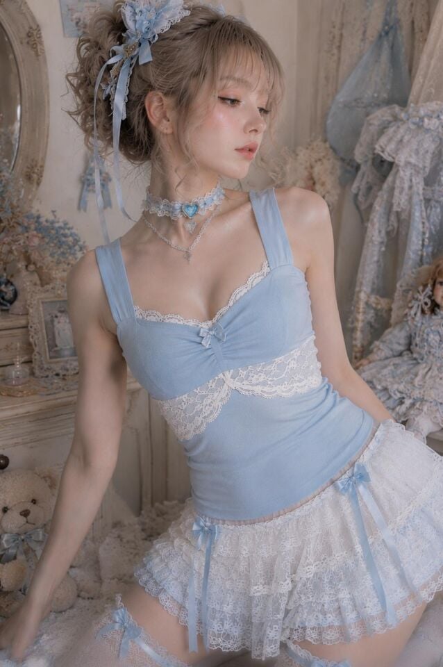Coquette Lolita Dantel Yakalı Baby Blue Tam Boy Bluz