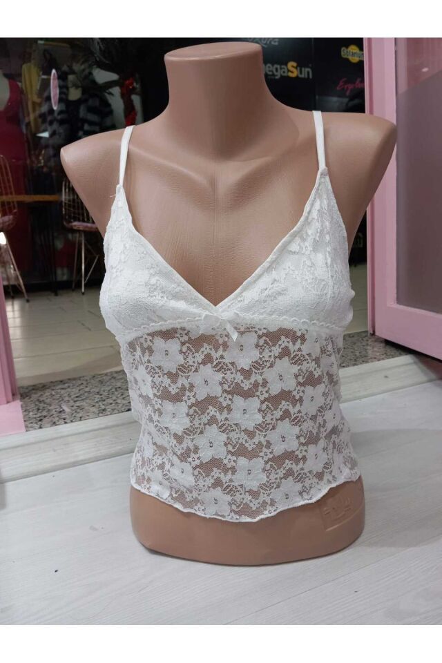 Dekolte çiçekli dantel askılı ayarlanabilen full boy büstiyer Beyaz - XL