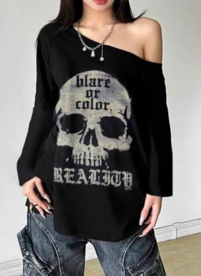 Siyah Skull Blare Or Color Salaş Omuz Dekolteli Uzun Kollu Off-Shoulder T-Shirt