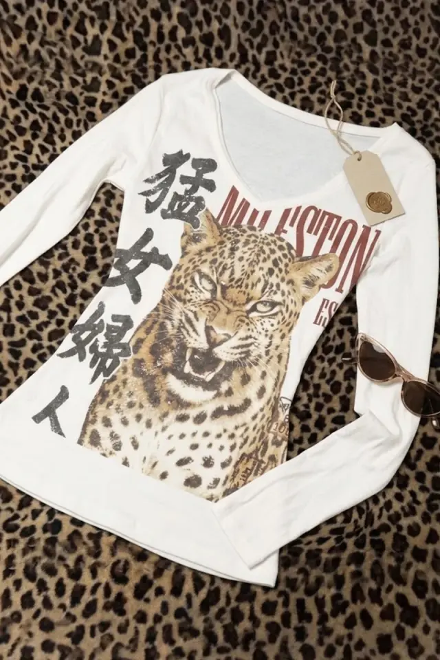 Beyaz Japenese Vintage Leopar Y2K Uzun Kollu Bluz