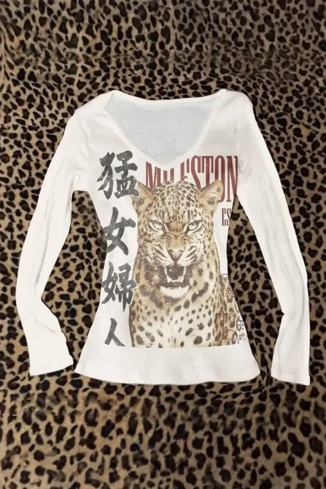 Beyaz Japenese Vintage Leopar Y2K Uzun Kollu Bluz