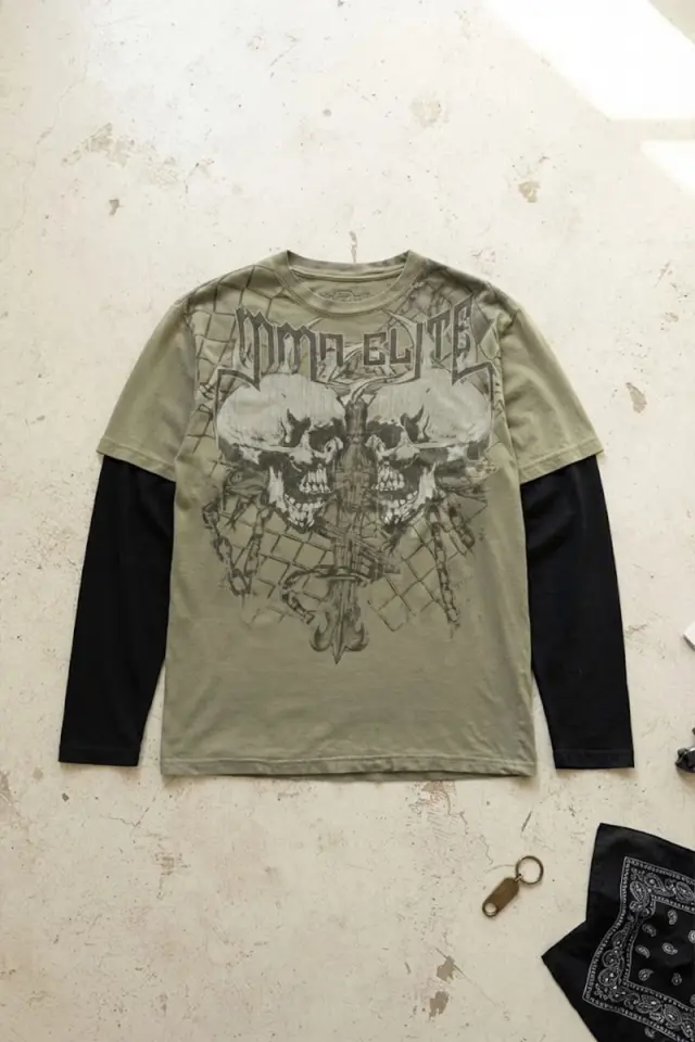 Yeşil MMA ELITE Skull Gotik Siyah Kollu Unisex Sweatshirt