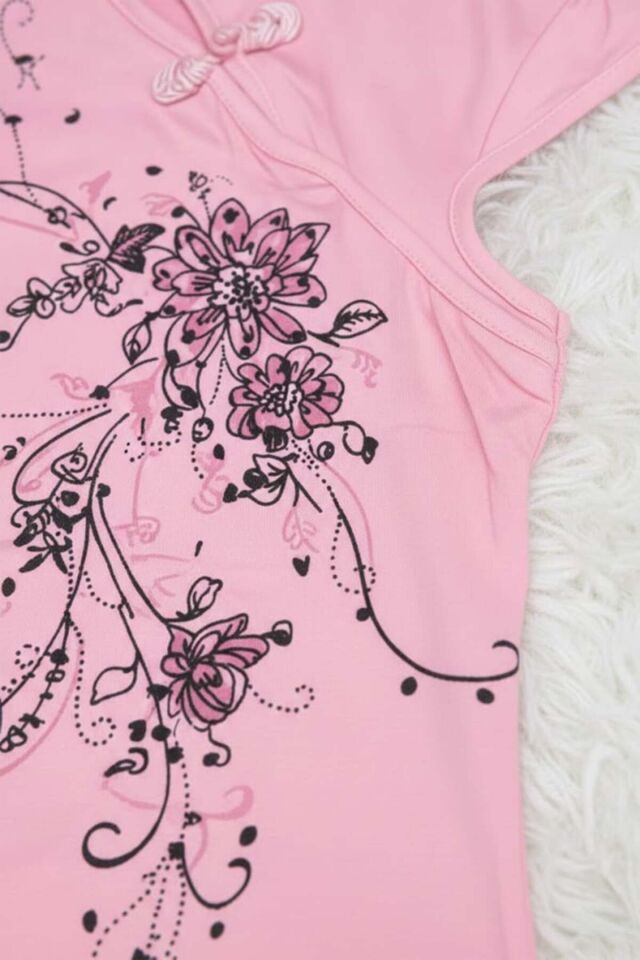 Pembe Mandarin Yaka Çiçekli Qipao Vintage Y2K Kısa Kollu Bluz Pembe - M