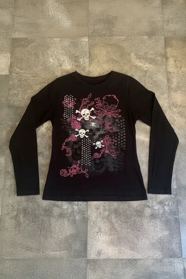 Siyah Gothic Skulls Full Body Y2K Uzun Kollu Crop