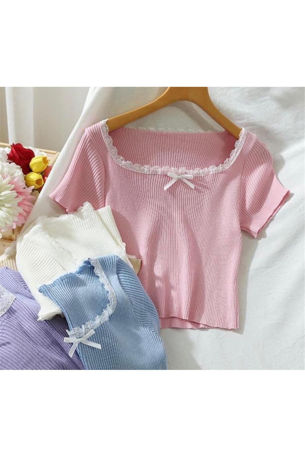 Zarif Dantelli Kurdeleli Basic Vücudu Saran Crop Top Pembe - L