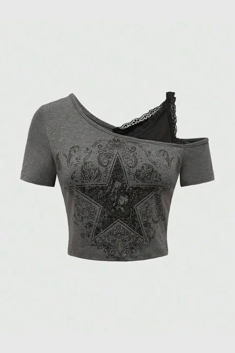 Füme Gotik Star Ek Askılı Y2K Kısa Kollu Crop