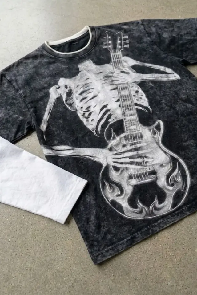 Siyah Skeleton Guitar Gotik Beyaz Kollu Y2K Uzun Kollu T-Shirt