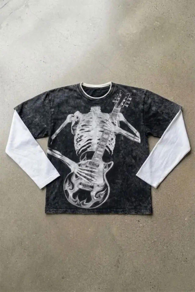 Siyah Skeleton Guitar Gotik Beyaz Kollu Y2K Uzun Kollu T-Shirt
