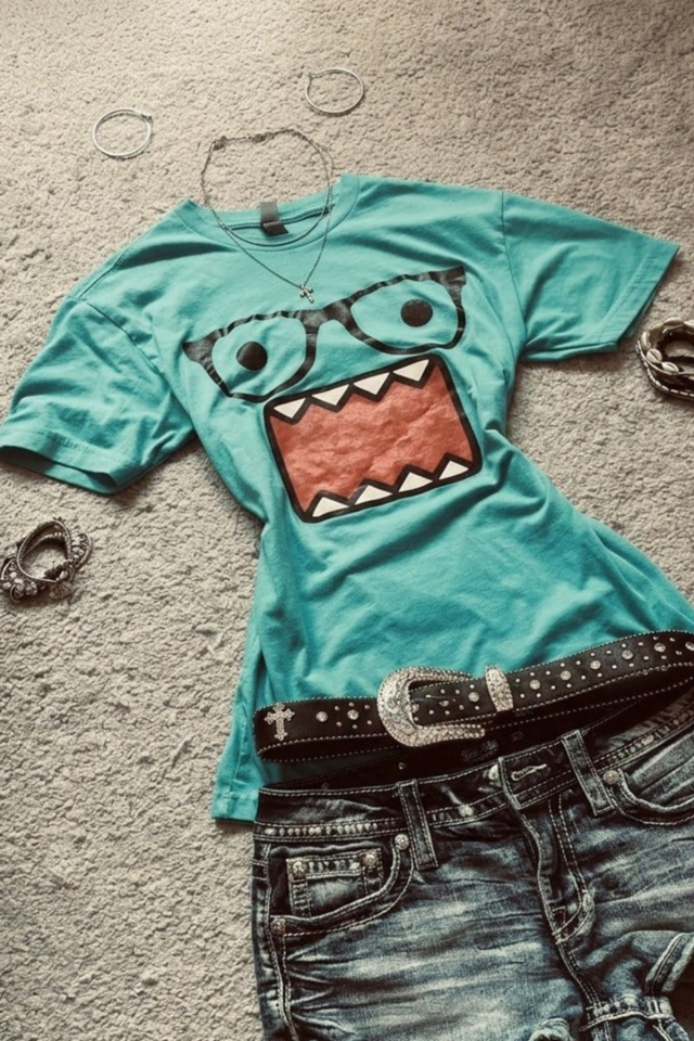 Mavi Domo Kun Harajuku Y2K Street Style Kısa Kol Bluz