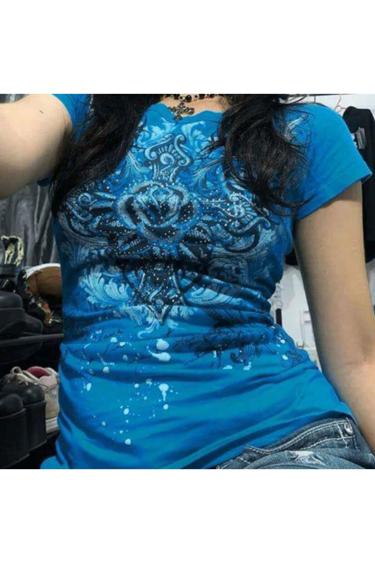 Mavi Gothic Rose Harajuku Y2K kısa Kollu Bluz