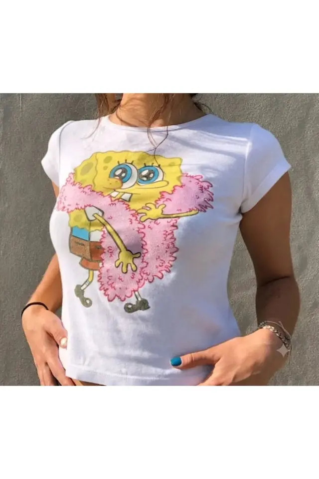 Beyaz Sünger Bob Pinterest Basic Crop T-shirt