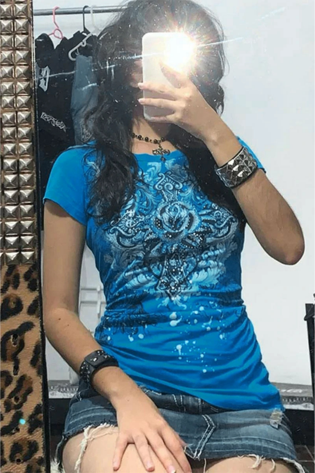 Mavi Gothic Rose Harajuku Y2K kısa Kollu Bluz