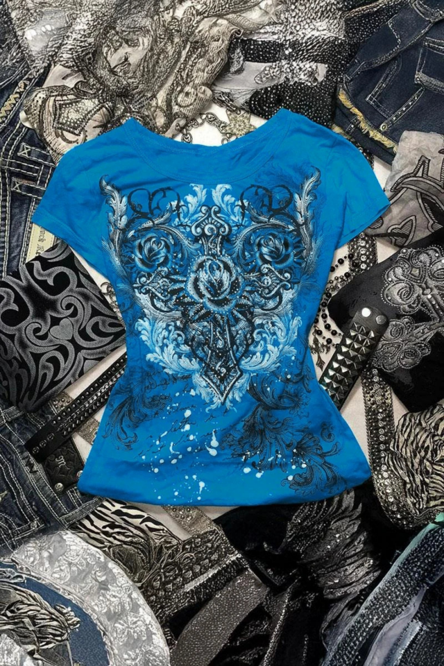 Mavi Gothic Rose Harajuku Y2K kısa Kollu Bluz