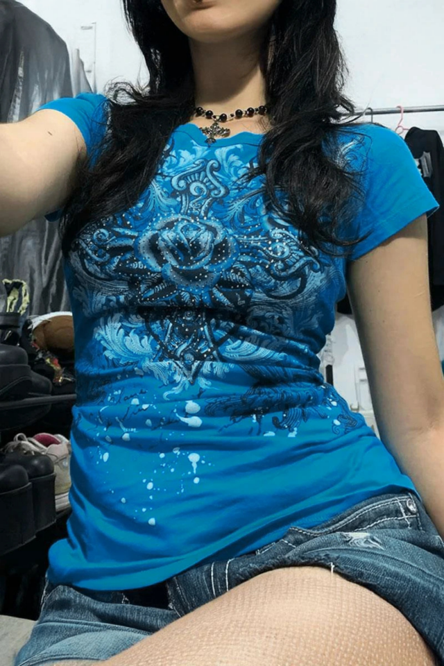Mavi Gothic Rose Harajuku Y2K kısa Kollu Bluz