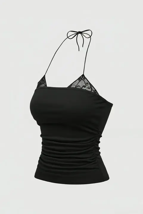 Siyah Dantel Ekli Bağlamalı Y2K Askılı Bluz