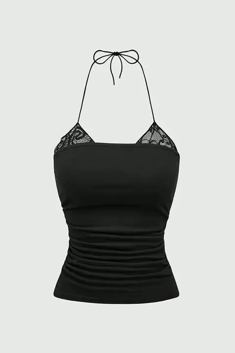 Siyah Dantel Ekli Bağlamalı Y2K Askılı Bluz