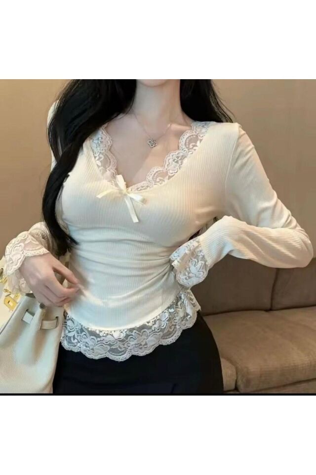 Vintage Y2k Dantel Detaylı Uzun Kollu Basic Bluz