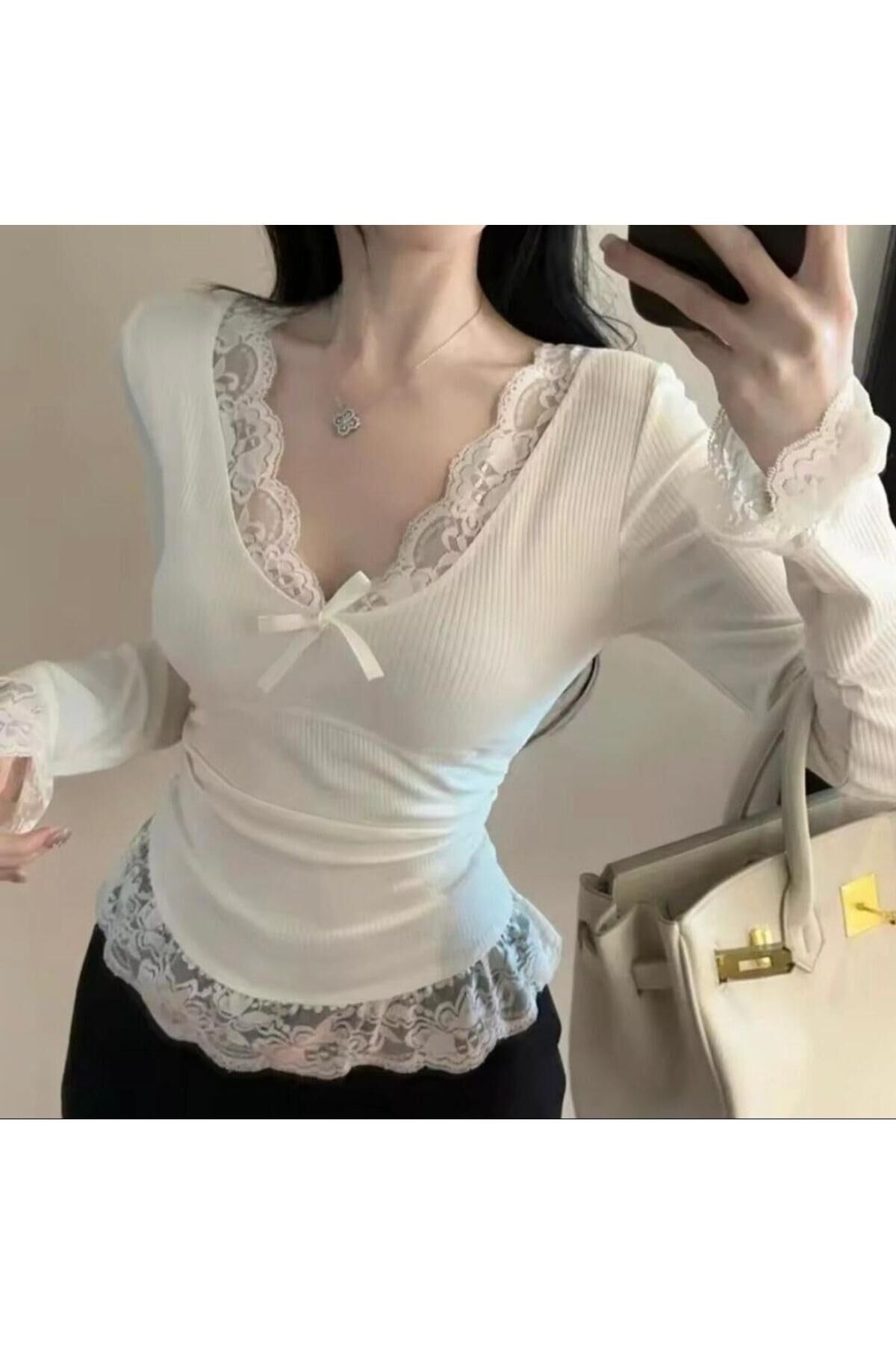 Vintage Y2k Dantel Detaylı Uzun Kollu Basic Bluz
