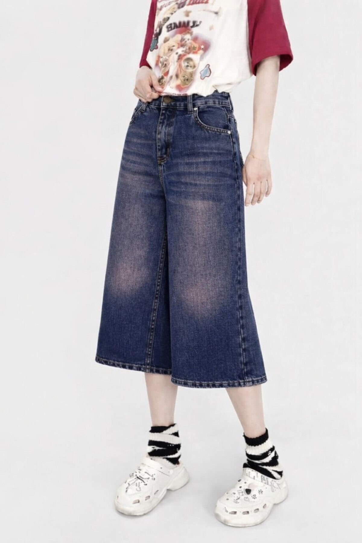 Black-Midnight Blue Star Street Lacivert Bermuda Kot Şort Kapri Pantolon