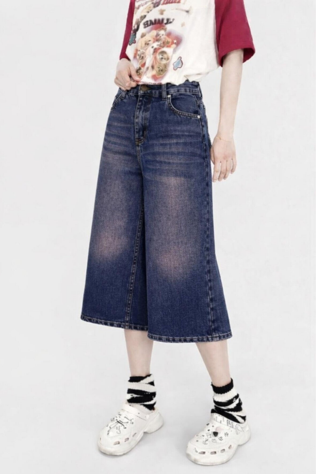 Black-Midnight Blue Star Street Lacivert Bermuda Kot Şort Kapri Pantolon