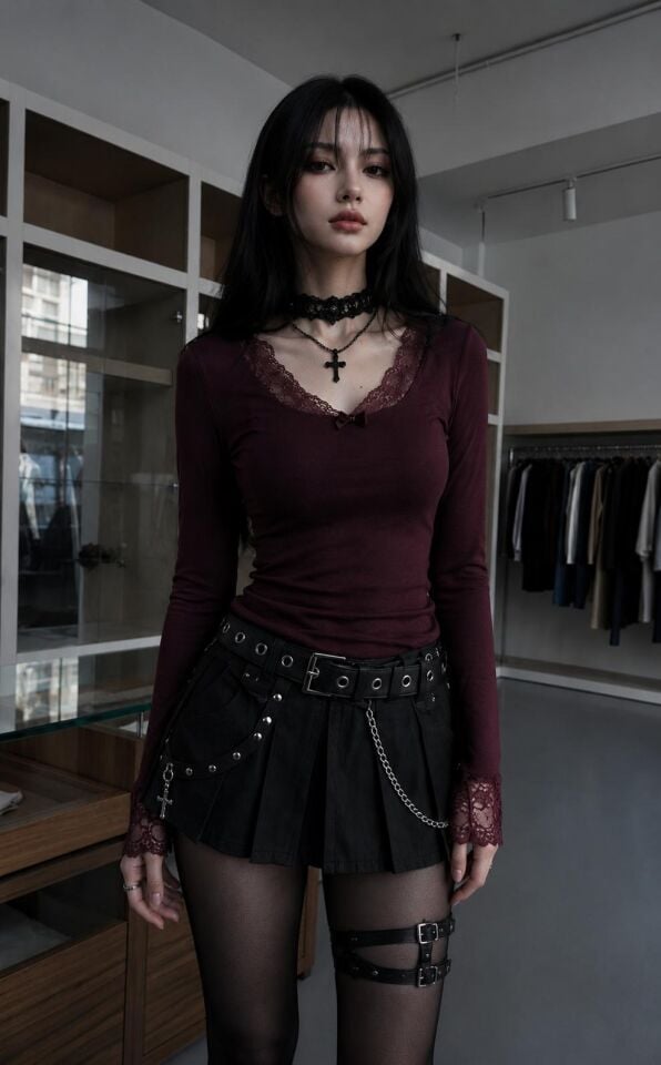 Bordo Dantel yakalı Gothic Tam boy bluz