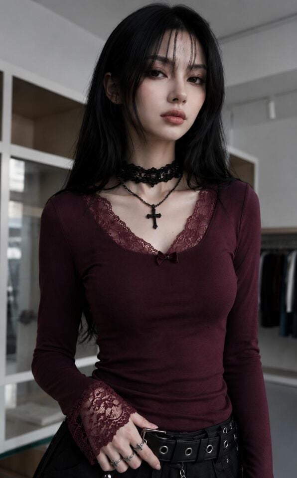 Bordo Dantel yakalı Gothic Tam boy bluz