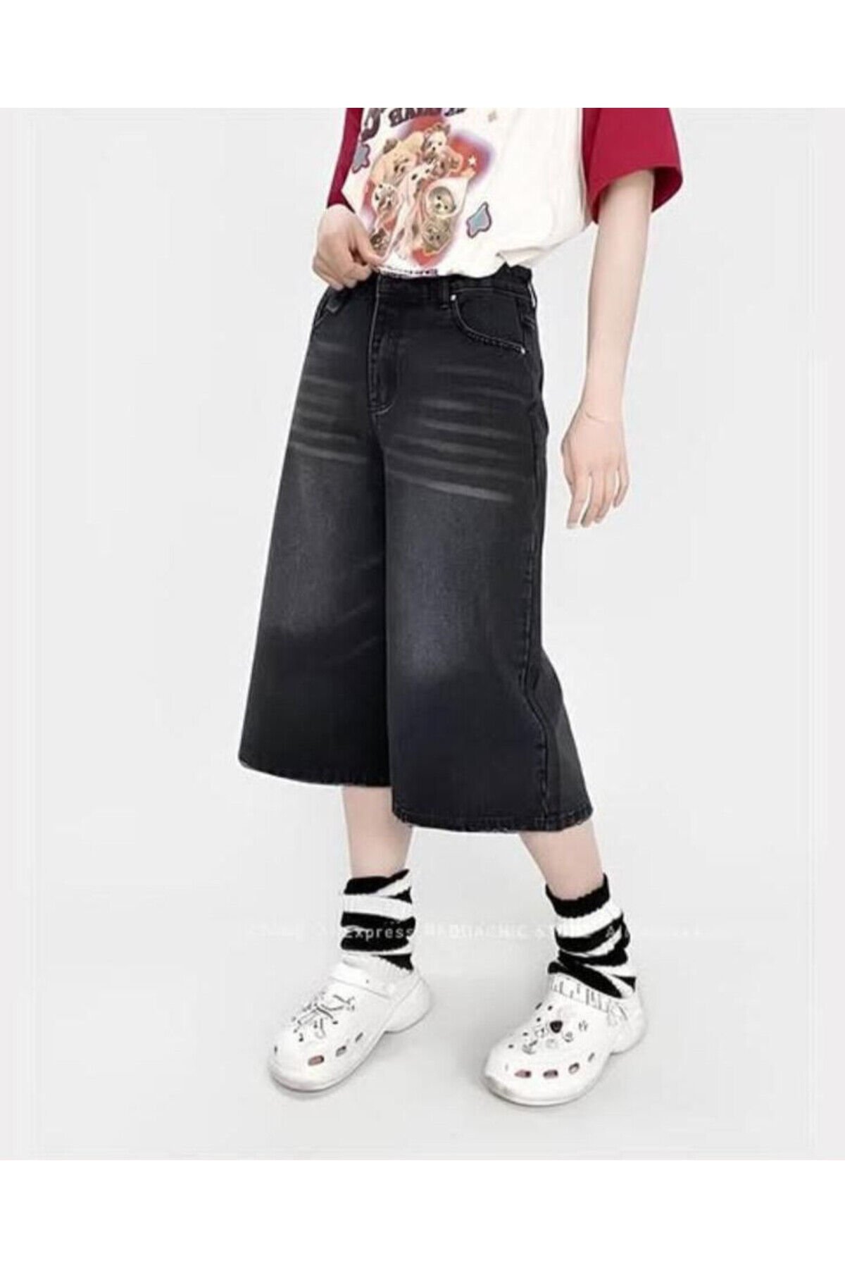 Siyah Street Kömür Bermuda Kot Şort Kapri Pantolon