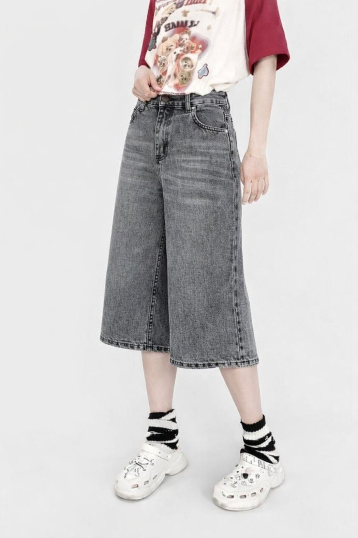 Gri Street Bermuda Kot Şort Kapri Pantolon