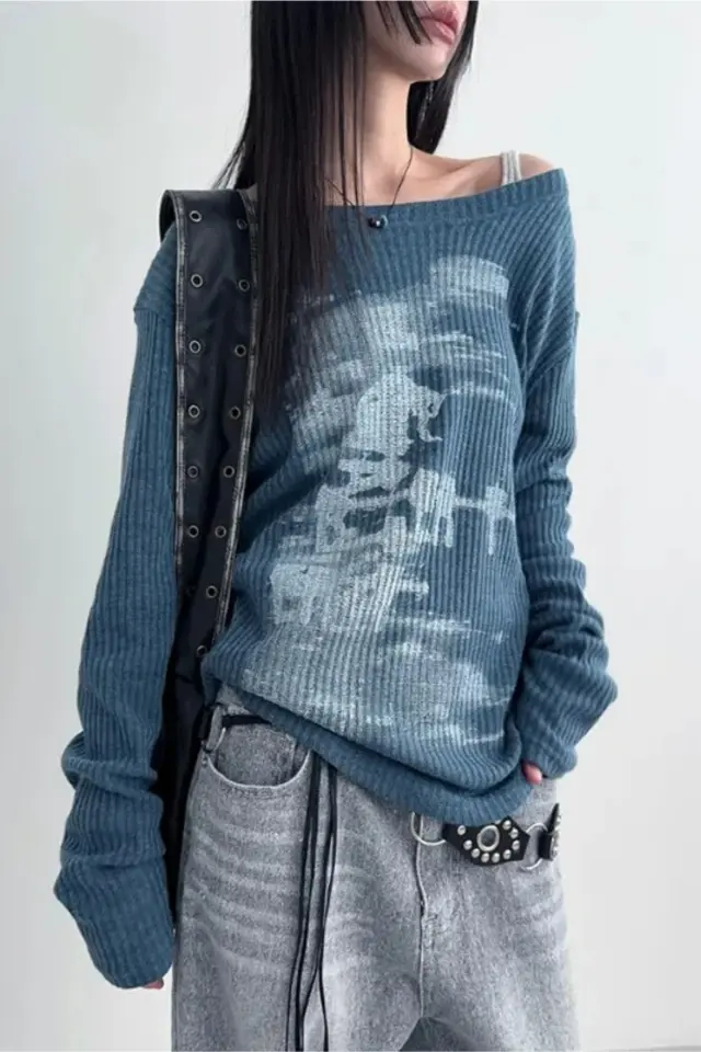 İndigo Vintage Lost Omuz Dekolteli Sweatshirt