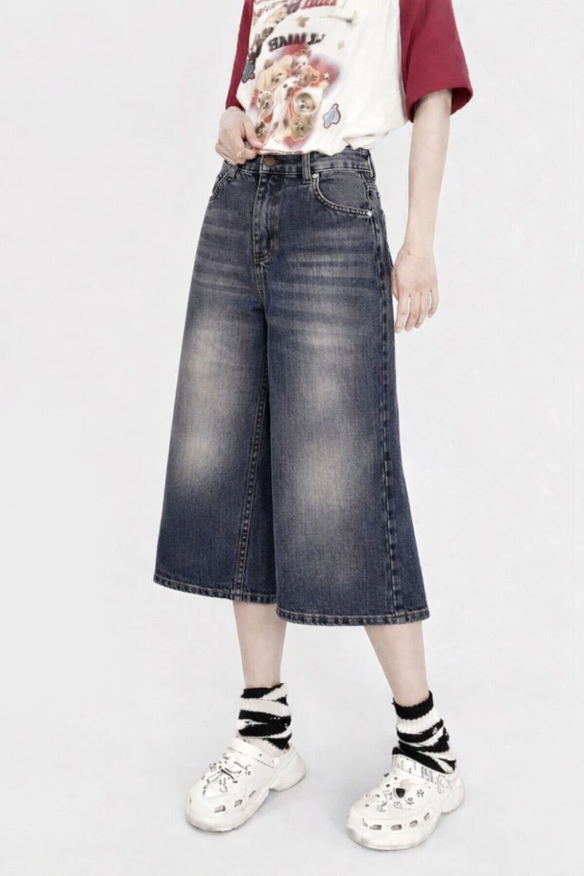 Kimyasal Gri Street Bermuda Kot Şort Kapri Pantolon