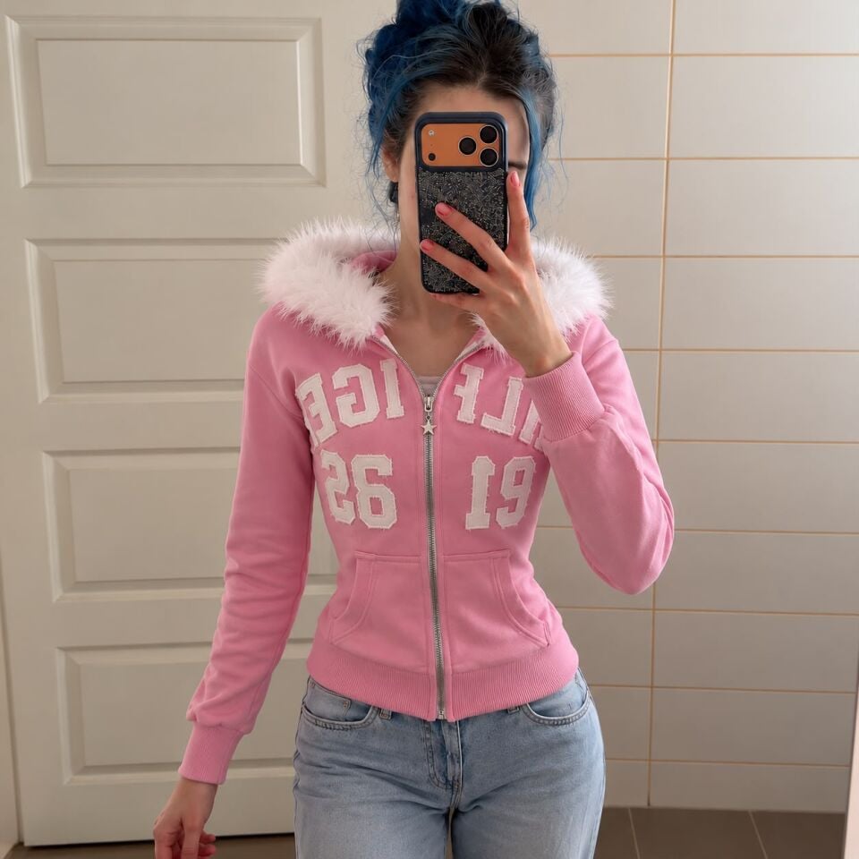 Pembe kürk kapşonlu Street Y2K viral tam boy hırka