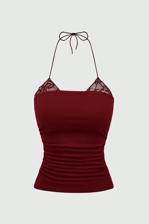 Bordo Dantel Ekli Bağlamalı Y2K Askılı Bluz